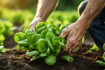 Naklejka na ściany i meble Generative AI : Farmer holding and picking up green lettuce salad leaves with roots