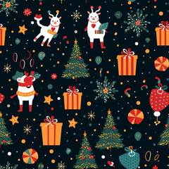 Christmas elements in modern minimalist geometric style. Colorful illustration in flat vector cartoon style. Xmas tree with geometrical patterns, stars and abstract elements