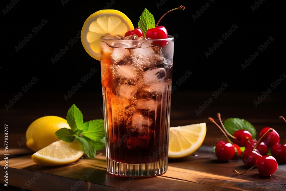 Poster Generative AI : Cold refreshing summer cocktail Cuba libre with lemon slices