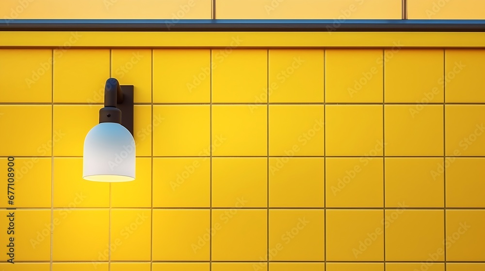 Poster Generative AI : Glass Window with Wall Lamp on Yellow aluminum composite tile Building wall in Modern style, Colorful Geometric Pattern Background