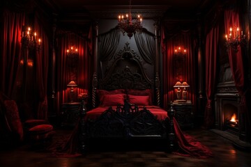 Gothic black and red victorian antique bedroom. Elegant, rich dracula’s castle interrior - obrazy, fototapety, plakaty