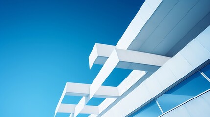 Generative AI : Modern geometric Building against blue Sky in Low Angle and perspective side view, Abstract Architecture background