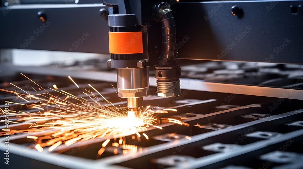 Fototapete generative ai : macro cnc laser machine cutting sheet metal with light spark.