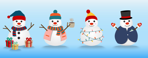 Snowman with Hot Cocoa, lights, and Present. Vector Illustration. The collection of snowmen wears the winter theme. Graphic resource about winter and Christmas for content.