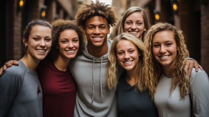 A group of young friends (women and men) from different races and ethnicities who promote racial diversity and reject any form of discrimination. Portraits together. 