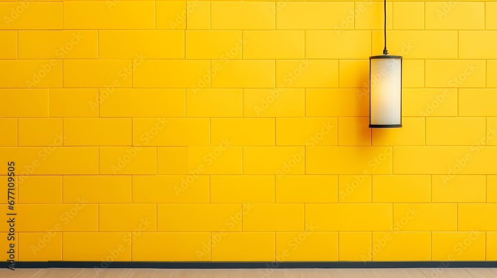 Poster Generative AI : Glass Window with Wall Lamp on Yellow aluminum composite tile Building wall in Modern style, Colorful Geometric Pattern Background