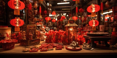 Fototapeta na wymiar Chinese New Year Decorations Various decorations such as red lanterns, banners with auspicious greetings, and symbols like the Chinese zodiac animals may adorn the table and surrounding area.