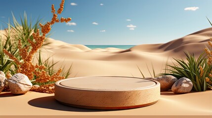 Obraz premium Desert oasis podium showcasing serene dunes, coastal backdrop, with natural elements and stones against a clear blue sky.