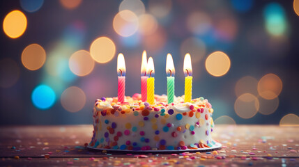 Colorful candle for 5 year old birthday white cream cake with candles bokeh blur background