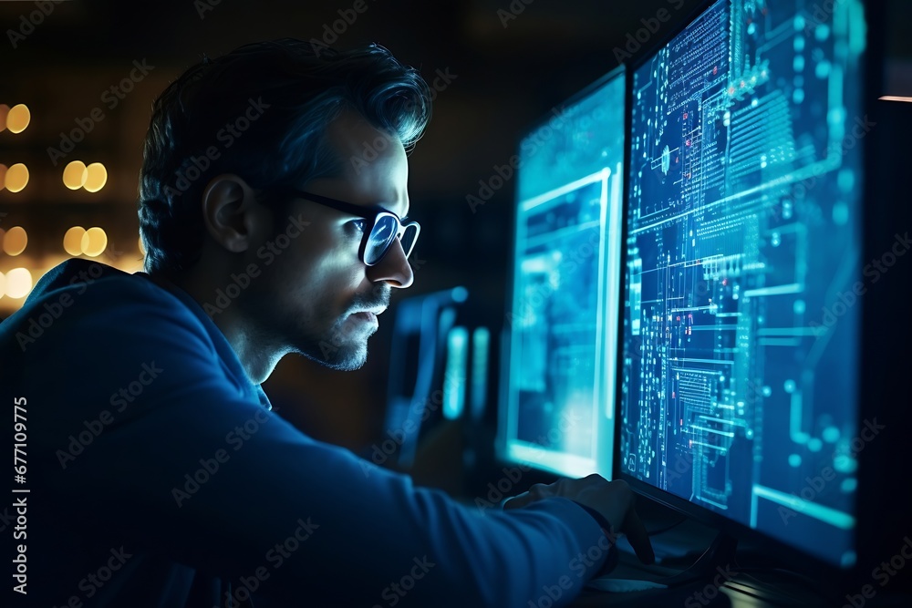 Aufkleber Generative AI : Portrait of Software Engineer Working on Computer