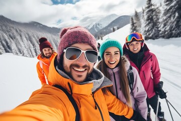 Fototapeta na wymiar Generative AI : Young people enjoying winter holidays using mobile
