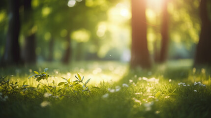 Sun shining through the green grass and trees in forest blurred background wallpaper - obrazy, fototapety, plakaty