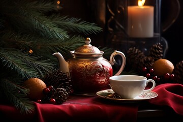 Generative AI : Teapot, cup, and fir tree branches create a cozy scene. 