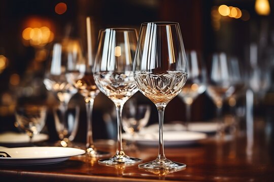 Generative AI : Close up picture of empty glasses in restaurant. Selective focus.