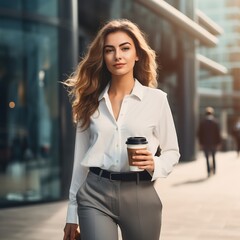 Generative AI : Pretty girl walking along street in modern city skyscraper area with hand in pocket and holding cup of take away coffee - obrazy, fototapety, plakaty