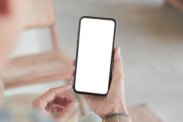 cell phone blank white screen mockup.hand holding texting using mobile on desk at office.background empty space for advertise.work people contact marketing business,technology