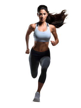 A woman with an athletic build in top sportswear is running. Isolated on transparent background.  Generative AI.