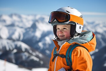Fototapeta na wymiar Generative AI : little boy with snowboard in helmet and yellow goggles on background