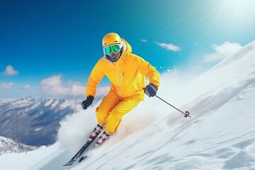 Generative AI : Happy skier dressed in bright sportswear riding down the mountain slope