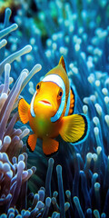 Macro shot of an orange clownfish with white stripes in a symbiotic sea anemone, underwater scene. - obrazy, fototapety, plakaty