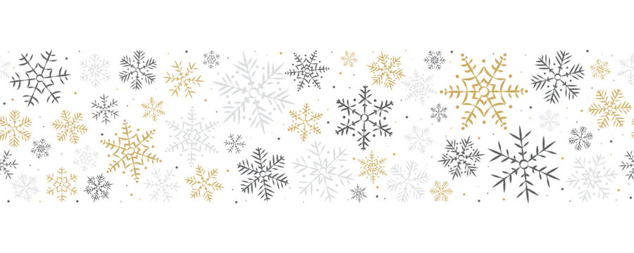 Seamless border with snowflakes. Greeting card, holiday banner, web poster. Winter. Holiday. Vector isolated on white background