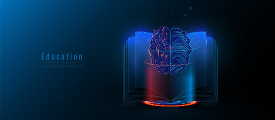 Open book with a brain on top. Artificial intelligence. Technology learning, knowledge, education concept - obrazy, fototapety, plakaty