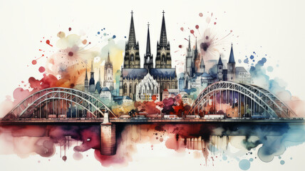 An illustration of Cologne's old town in colorful watercolors, isolated on a white background - obrazy, fototapety, plakaty