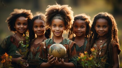 International Peace Day. African children hold the globe in their hands.