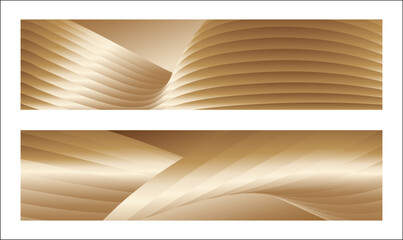 Wavy golden parallel gradient lines, ribbons, silk. Golden with shades of yellow background, banner, poster. Set of 2 backgrounds. Eps vector