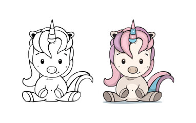 cute unicorn coloring book vector.pink unicorn vector sketch