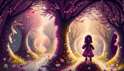 girl in blooming garden with trees suitable as background