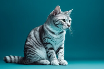 Studio photography of an American shorthair cat on colored backgrounds in blue