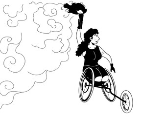 Une femme para-athlète porte la flamme olympique en Handbike (Vélo à main) - Illustration en noir et blanc - obrazy, fototapety, plakaty