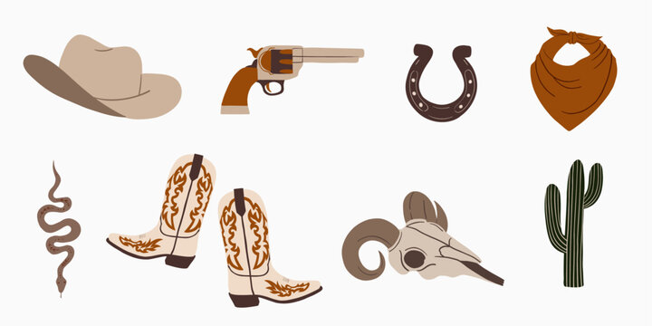 Collection of retro cowboy elements. Cowboy boots and hat, headscarf, horseshoe, gun, cactus, buffalo skull. Wild west, western fashion style. Hand drawn isolated vector illustration