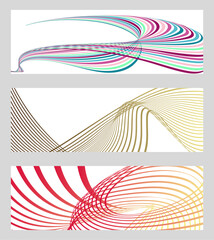 Wavy lines or ribbons. Set of 3 backgrounds. Multicolored striped gradient. Creative unusual background with abstract gradient wave lines to create a trendy banner, poster. vector eps