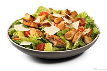 bowl of fresh caesar salad with garden vegetables isolated on a transparent background
