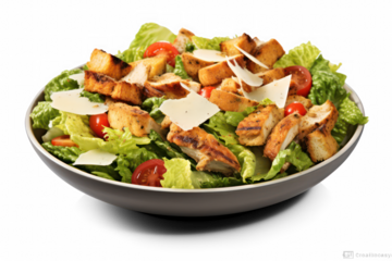 bowl of fresh caesar salad with garden vegetables isolated on a transparent background