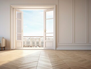 Wide empty room with balcony doors opened, wooden floor, white luxury wall.