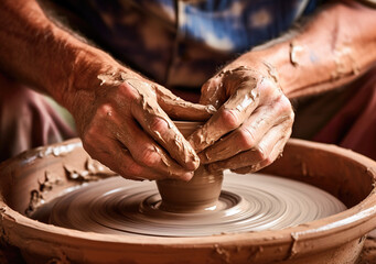 close up shot of hands covered in clay, potter at work
