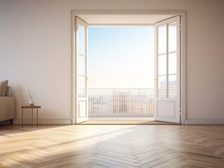 Wide empty room with balcony doors opened, wooden floor, white luxury wall, generative AI.