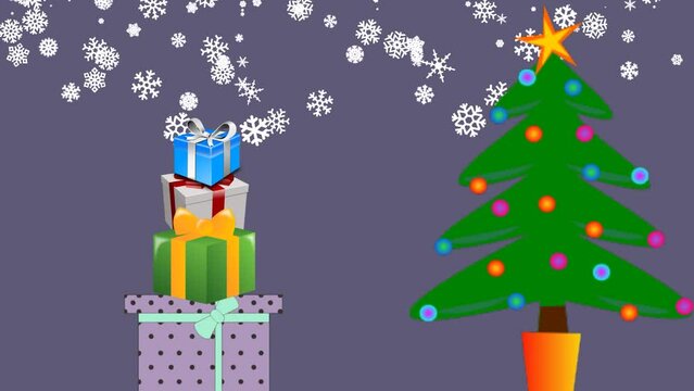 Tower of presents wobbles and falls over and a penguin hops out
