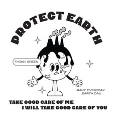 Retro poster protect earth ecology. Mascot character air pollution Earth planet, save planet, global warming hippy vintage comic vector set. Earth day, protection environment isolated on background
