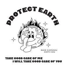 Retro poster Protect earth ecology. Mascot character global warming planet, save planet, global warming hippy vintage comic vector set. Earth day, protection environment isolated on background