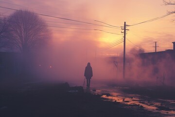 A 70s photograph effect depicts an abandoned city street enveloped in a purple heat haze, with a distant silhouette approaching.