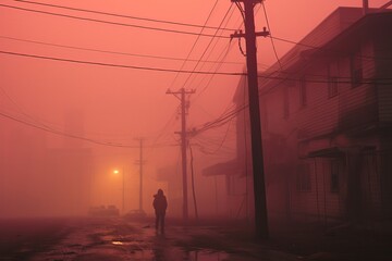 A 70s photograph effect depicts an abandoned city street enveloped in a purple heat haze, with a...