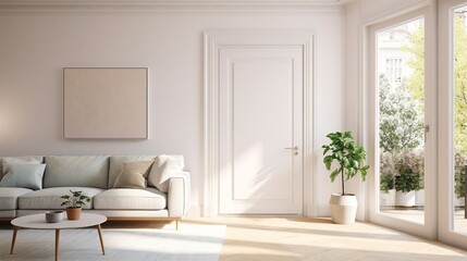 Modern interior room design, sofa against empty art poster on white wall, plant close to the door, coffee table.