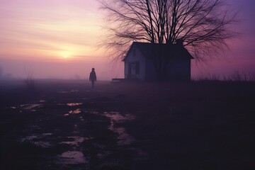 A vintage 70s photograph effect captures an abandoned farm under a yellow heat haze, with a distant silhouette emerging.