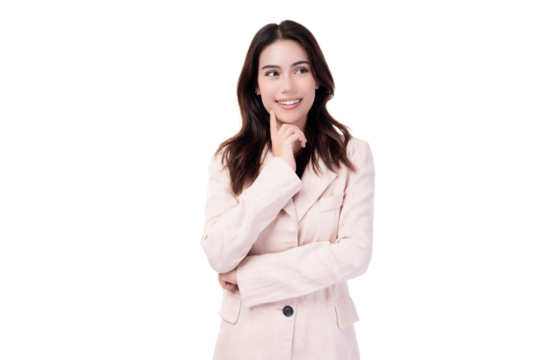 Planning thinking young woman looking to blank space Thinking business lady standing over isolated on pink background Happy Beauty girl thinking out of box with happy face Touch her chin Think Decide