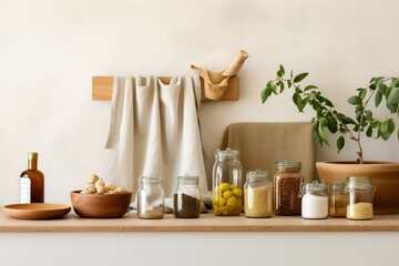 Fototapeta na wymiar A simple yet elegant kitchen, featuring sustainable items like wooden spoons, glass jars, and cloth produce bags, in a clutter-free, minimalist setting, embodying zero-waste living.