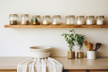 Fototapeta na wymiar A simple yet elegant kitchen, featuring sustainable items like wooden spoons, glass jars, and cloth produce bags, in a clutter-free, minimalist setting, embodying zero-waste living.
